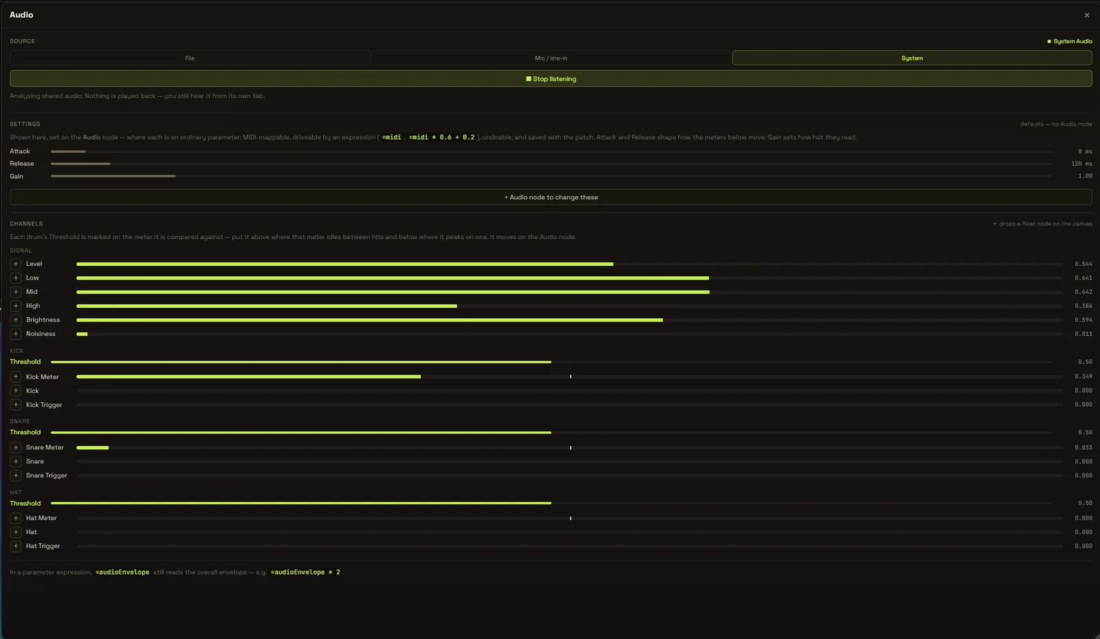 The Audio panel analysing system audio: level, band, brightness and drum channels reading live values.