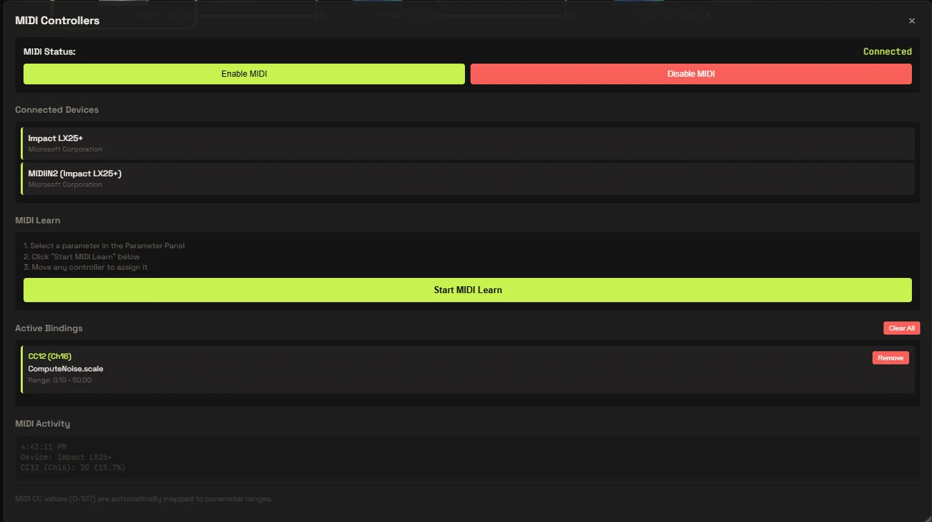 The MIDI Controllers panel: a connected Impact LX25+, a CC bound to a node parameter, and live MIDI activity.